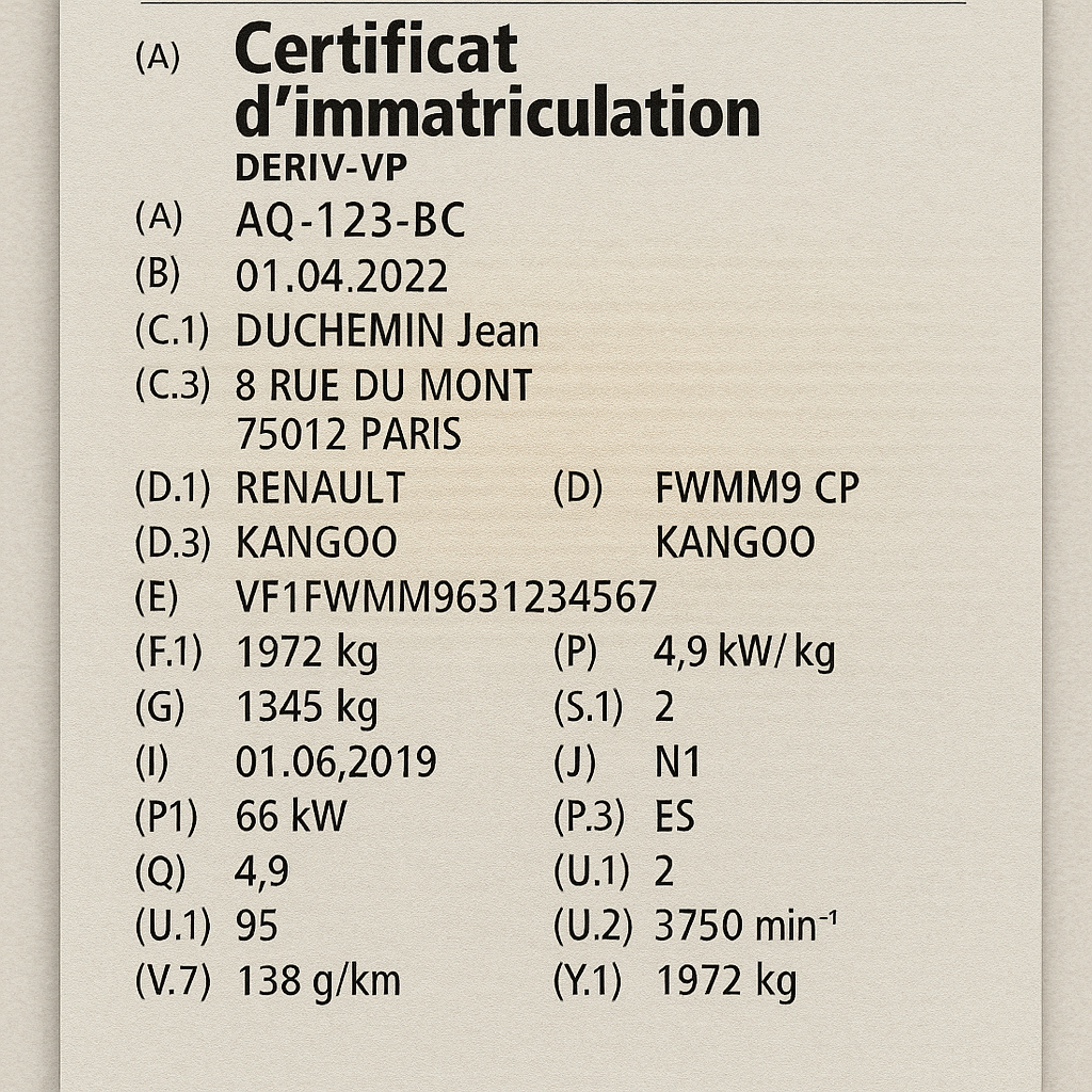 Carte Grise - Deriv VP - Certificat d'immatriculation
